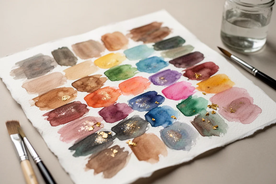 Watercolor swatches in various colors painted on paper