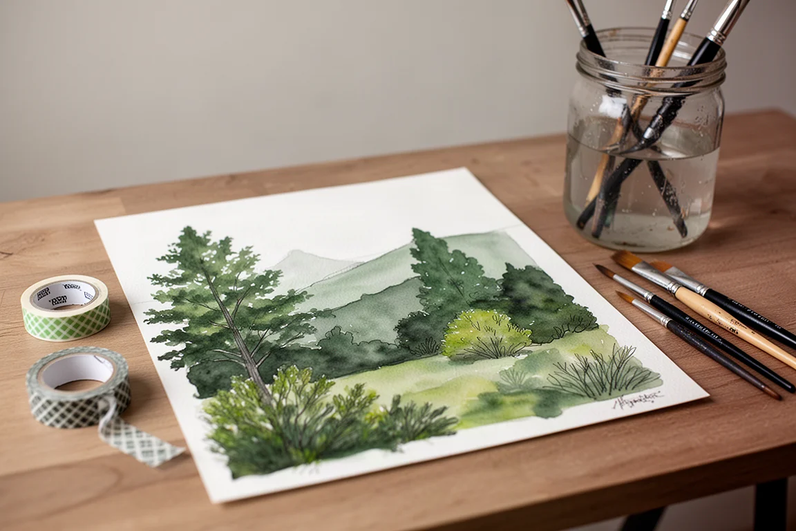 Watercolor landscape painting of green trees in progress with pen outlines