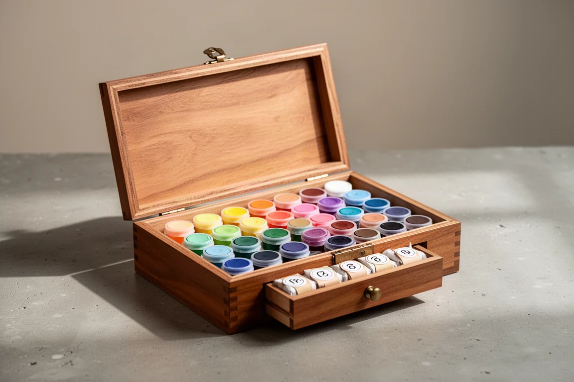 Geöffnete handgefertigte Holzkassette für Aquarelle, gefüllt mit bunten runden Näpfchen
