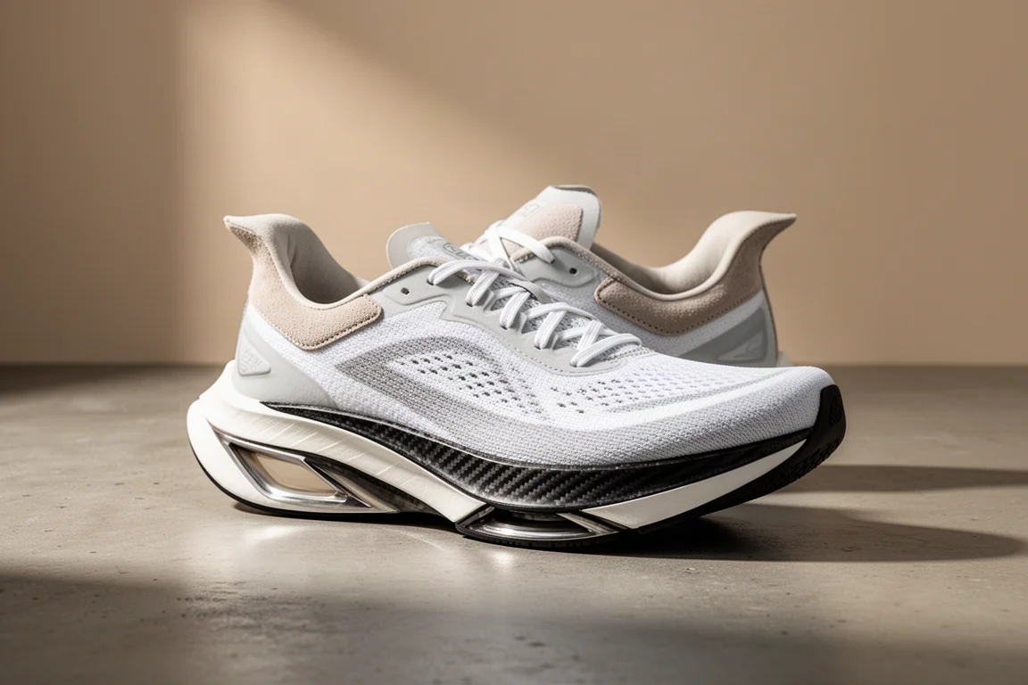Zara Athletics carbon plated running shoe with white upper on concrete surface