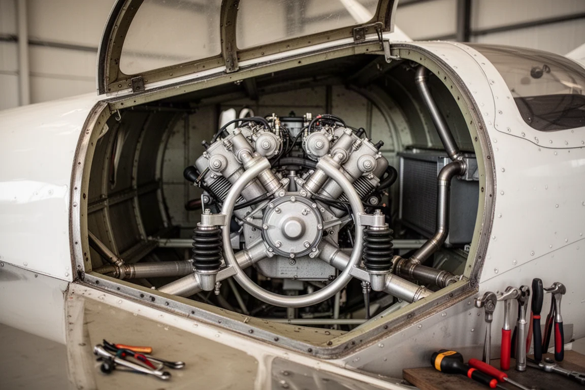 Light aircraft engine installation with cowl removed in a hangar