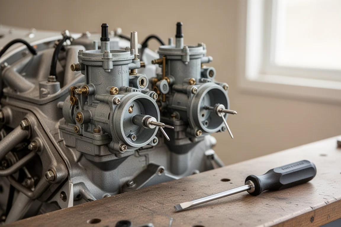 Twin carburetors on an aircraft engine during maintenance