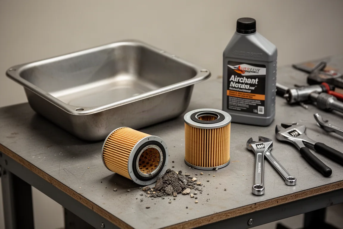 Oil filter and drained engine oil laid out for inspection