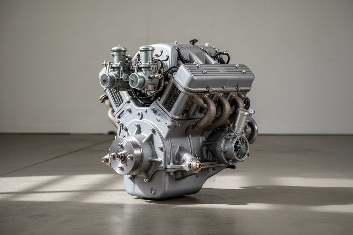 Vierzylindriger Leichtflugzeugmotor, fotografiert auf dem Betonboden einer Hangarhalle