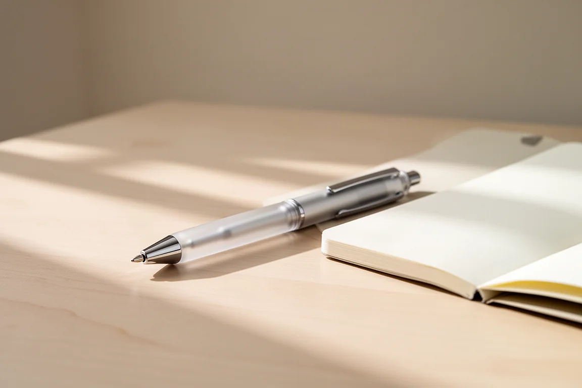 Un stylo multifonction fin posé sur un bureau propre à côté d'un carnet ouvert