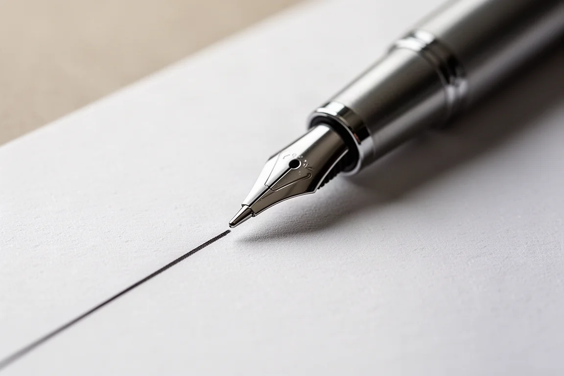 Gros plan sur une pointe de stylo écrivant sans accroc sur papier blanc avec un trait fin