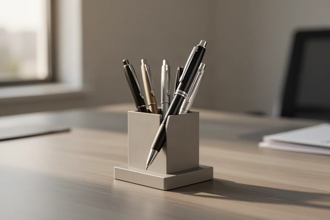Une main choisissant un stylo multifonction fin dans un range-bureau bien rangé