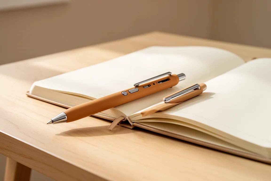 A caramel-toned multi-function pen resting on a bright desk beside a notebook