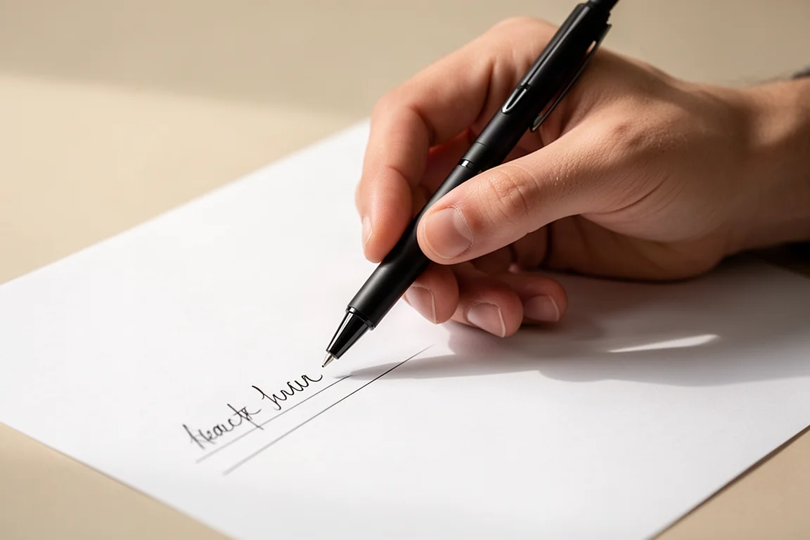 Close-up of a hand writing smoothly with a multi-function pen on paper