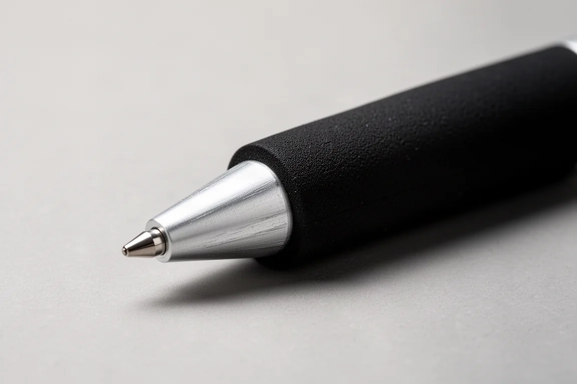 Detail shot of a soft rubber pen grip and silver-painted resin cone
