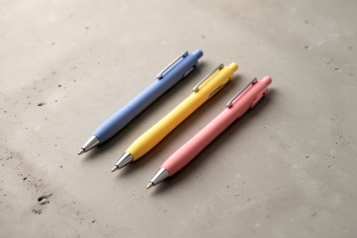 Three muted pastel ballpoint pens arranged side by side on a concrete surface