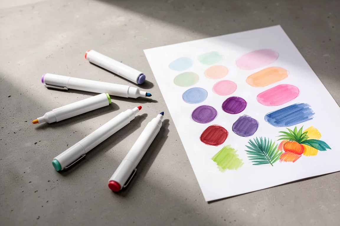 Penne a marker retrattili bianche con punte colorate disposte accanto a campioni di inchiostro