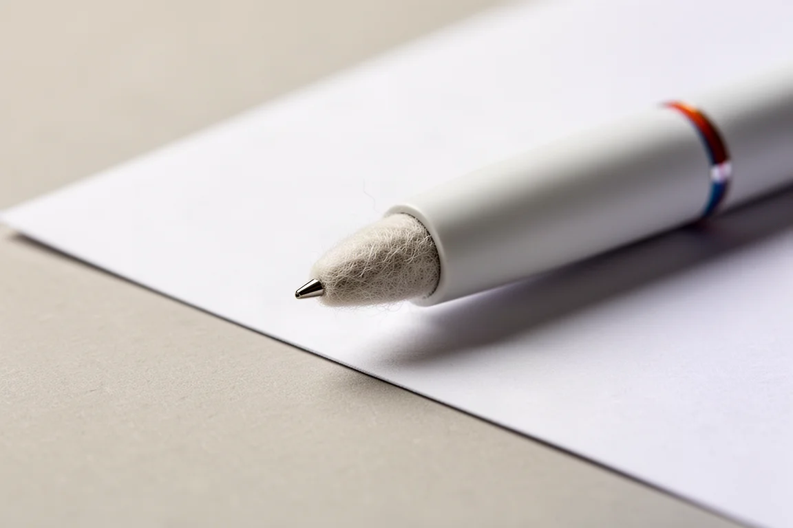 Primo piano di una punta feltro a bullet su un corpo di penna bianca appoggiato sulla carta
