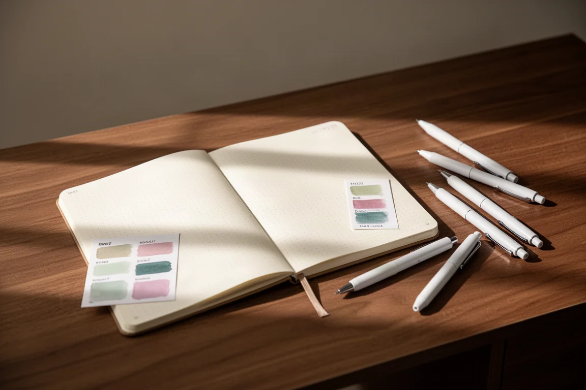 Diario aperto su una scrivania con penne e schede di campioni di colore nelle vicinanze