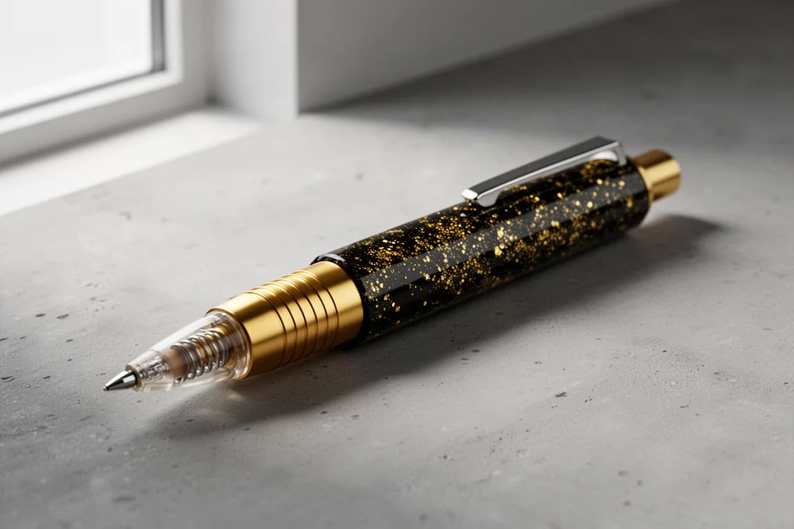 Black and gold limited-edition mechanical pencil on a matte concrete surface