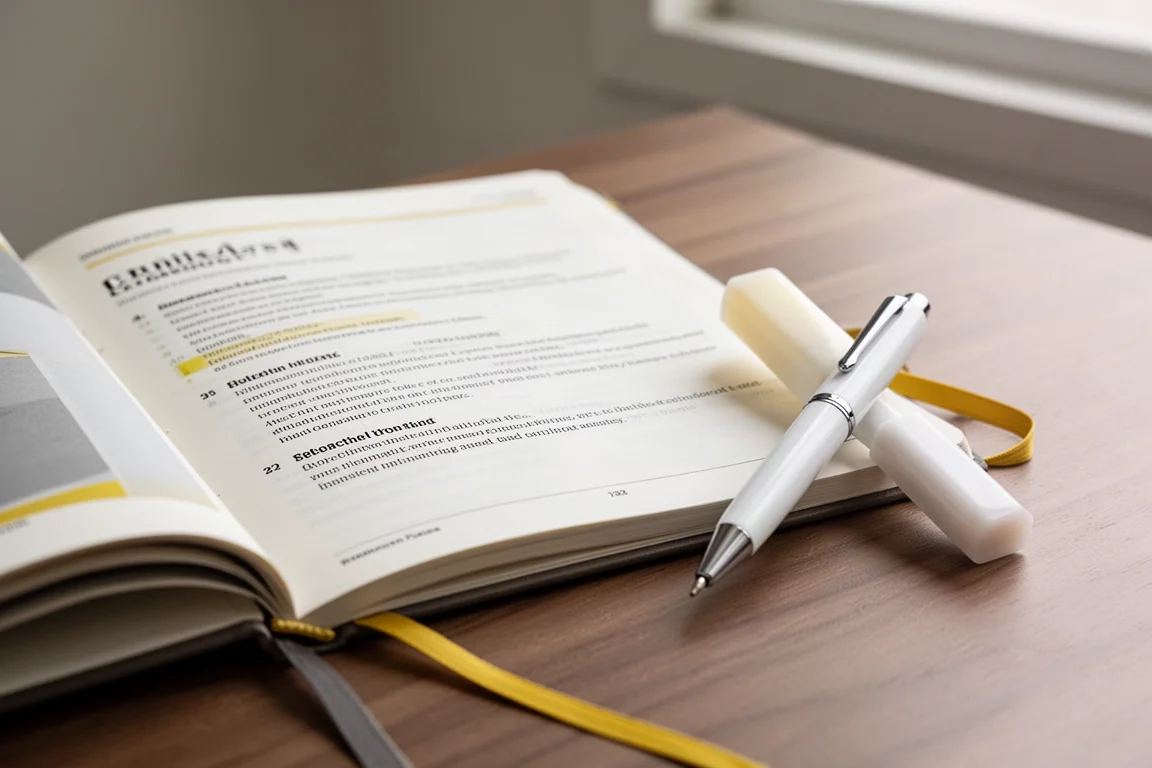 Premium white metal highlighter with chrome clip resting beside an open planner