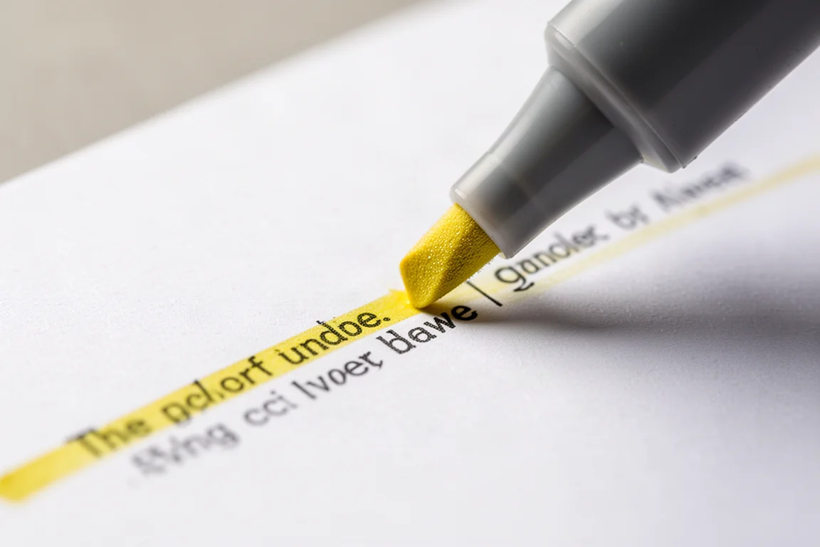 Close-up of a narrow highlighter tip drawing a fine yellow line under small text