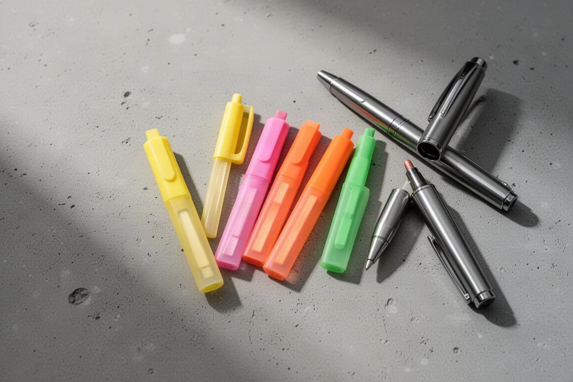 Assorted highlighter refills arranged on a desk alongside an open pen body