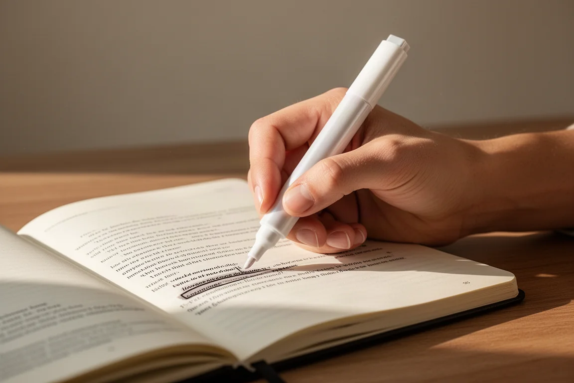 Hand gripping a thick metal highlighter over a notebook page