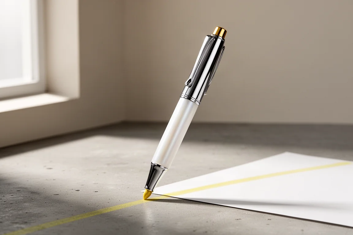 Premium white metal highlighter with chrome clip and gold tip on a concrete surface