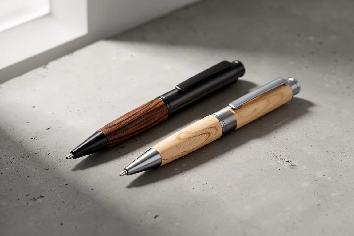 Due penne a sfera Zebra Filare Wood con impugnature in legno su una superficie di cemento