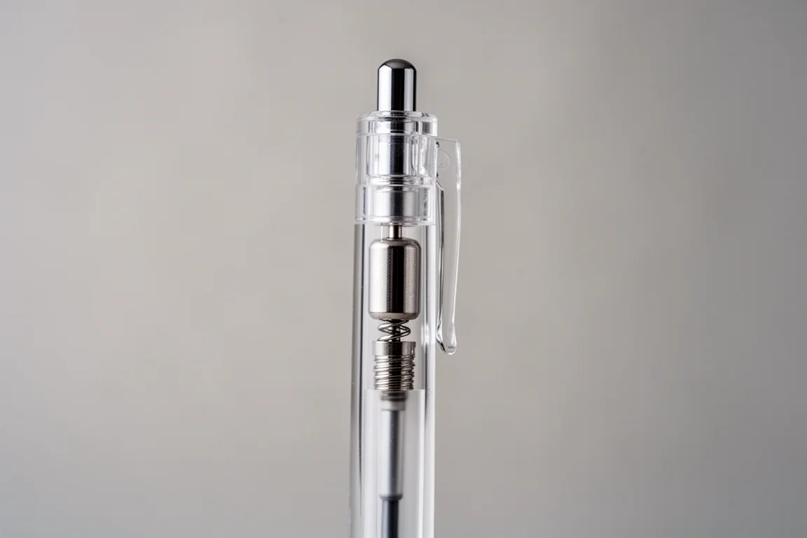 Porte-mine transparent avec un petit poids métallique visible à l'intérieur du corps