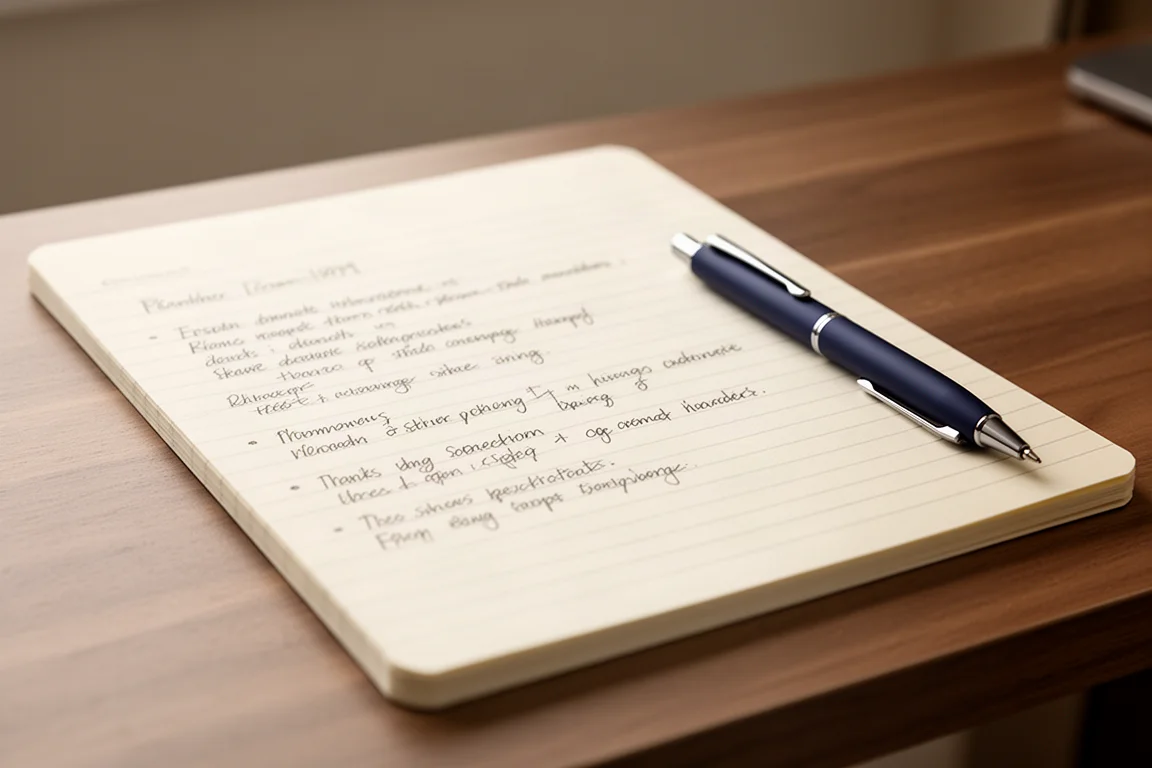 Notes manuscrites sur un cahier ligné à côté d'un porte-mine
