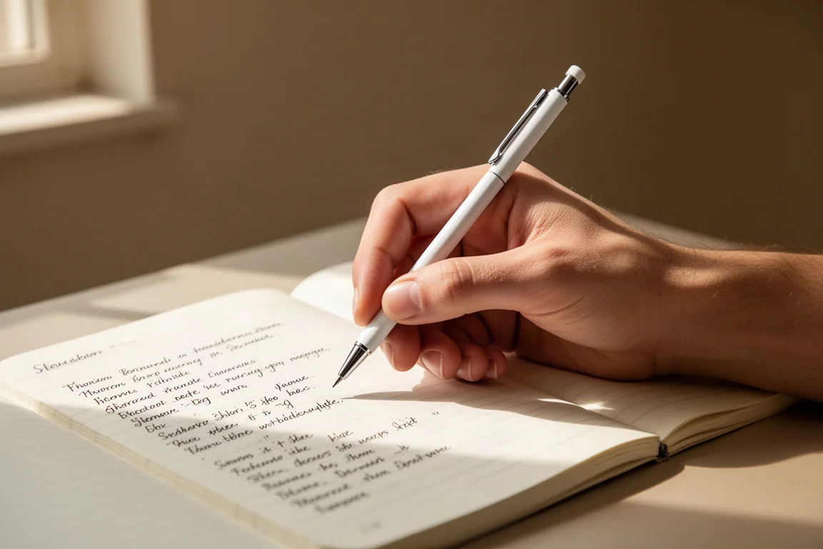 Mano in posizione di scrittura con una matita, schiena dritta, su un quaderno