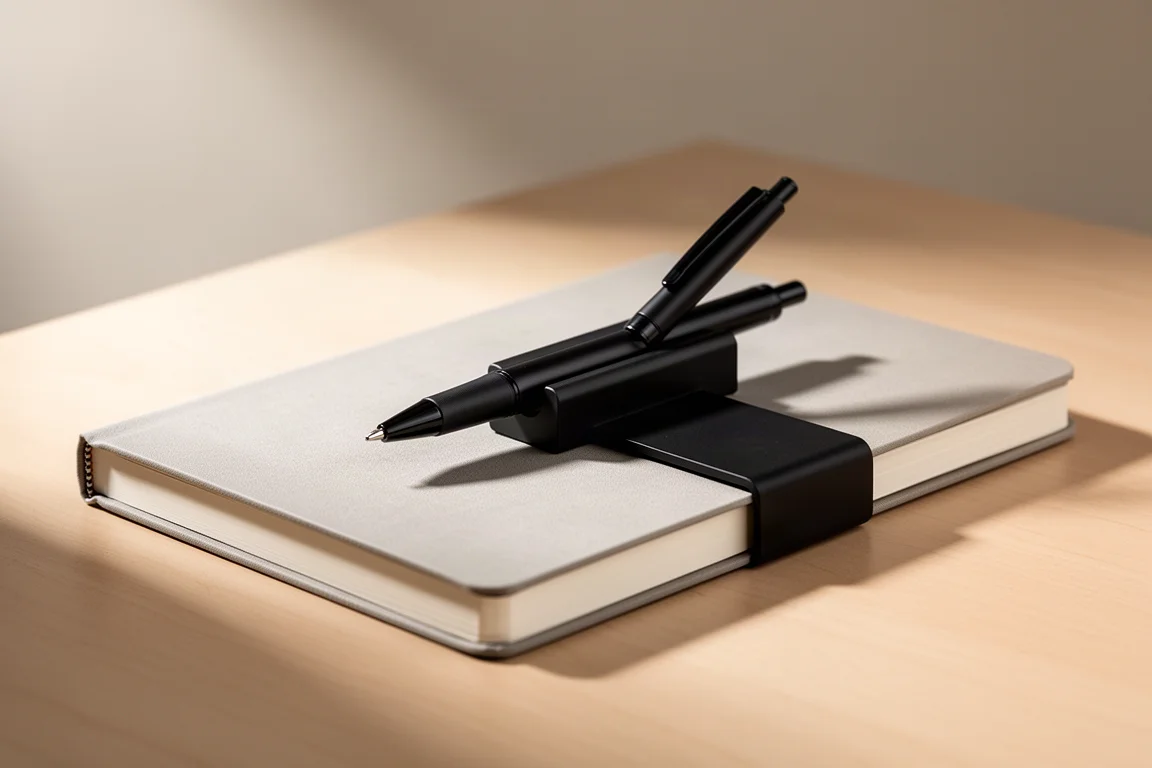 Zebra Pitat pen holder clipped to a notebook with attached black gel pen