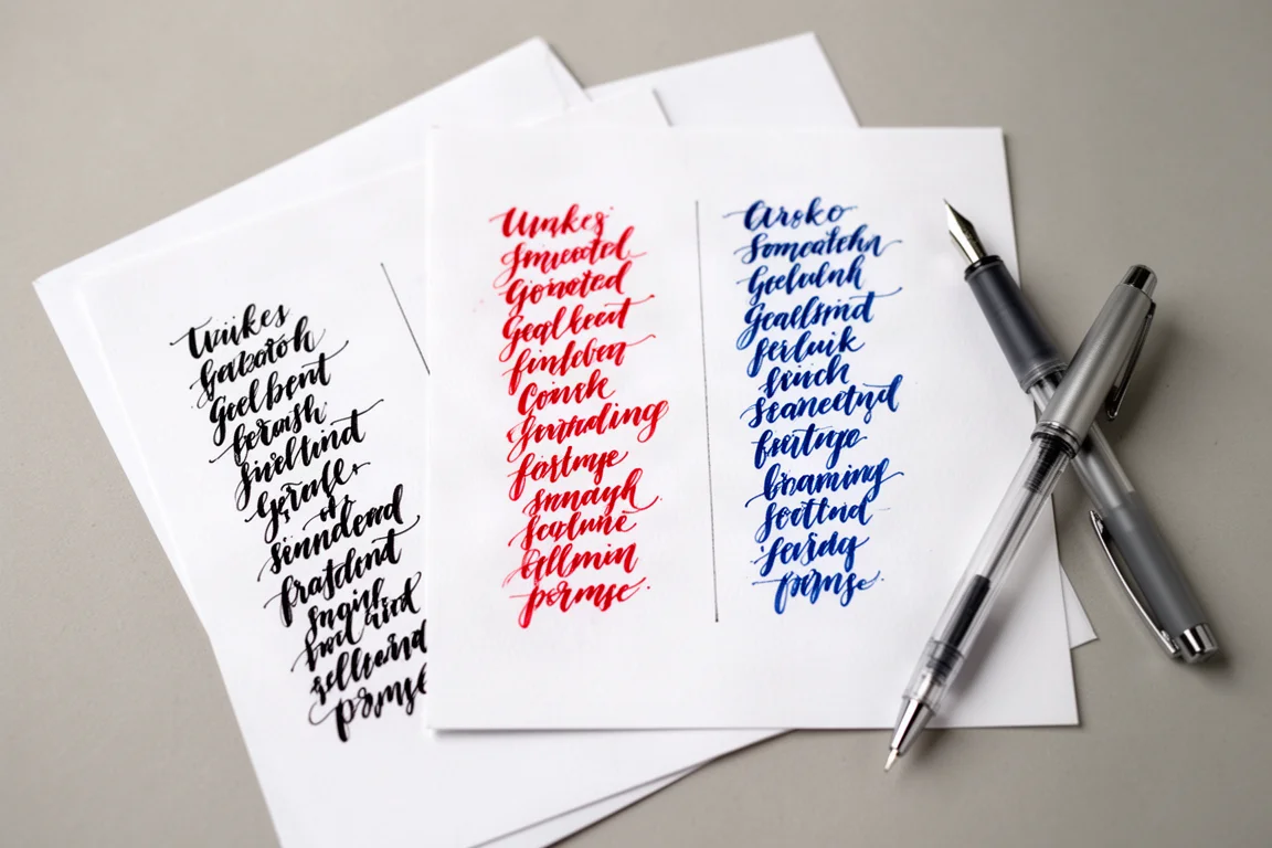 Tres colores de tinta recién escritos sobre papel blanco en negro, rojo y azul