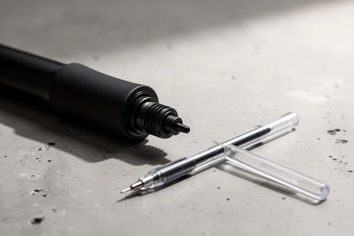 Cuerpo del bolígrafo desmontado junto a un pequeño cartucho de recarga de tinta gel sobre un escritorio
