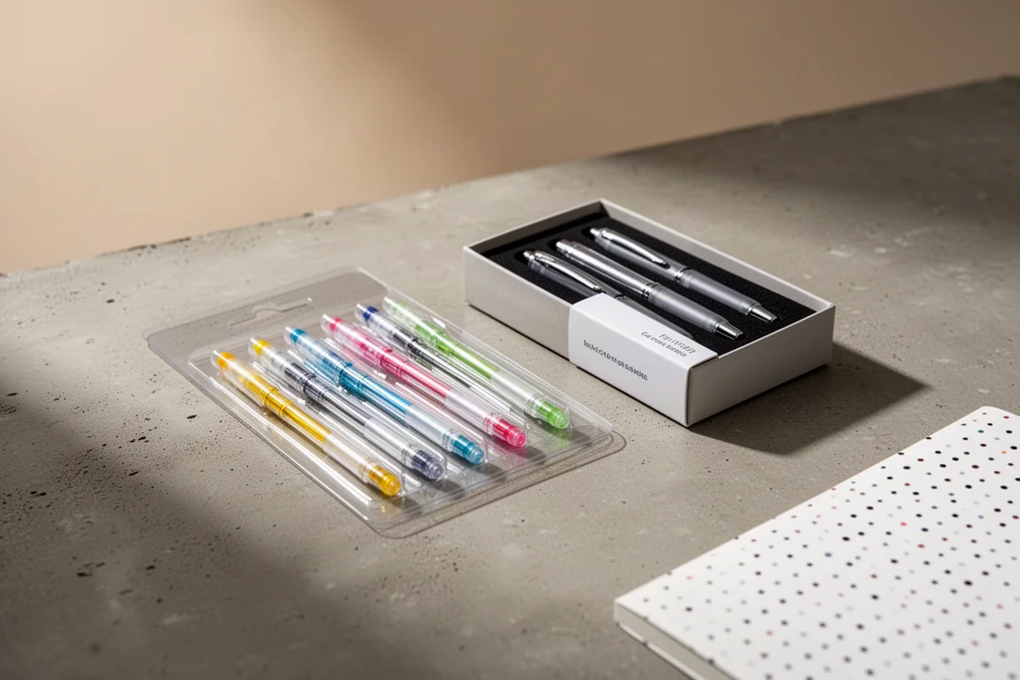Gelschreiber-Ersatzminen und ein kleines Stiftset arrangiert auf einem neutralen Schreibtisch