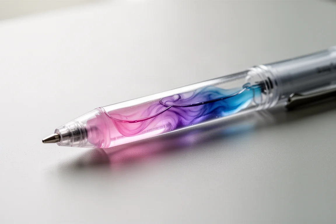 Primo piano del corpo trasparente di una penna a gel che mostra una miscela vorticosissima di inchiostro rosa, viola e blu