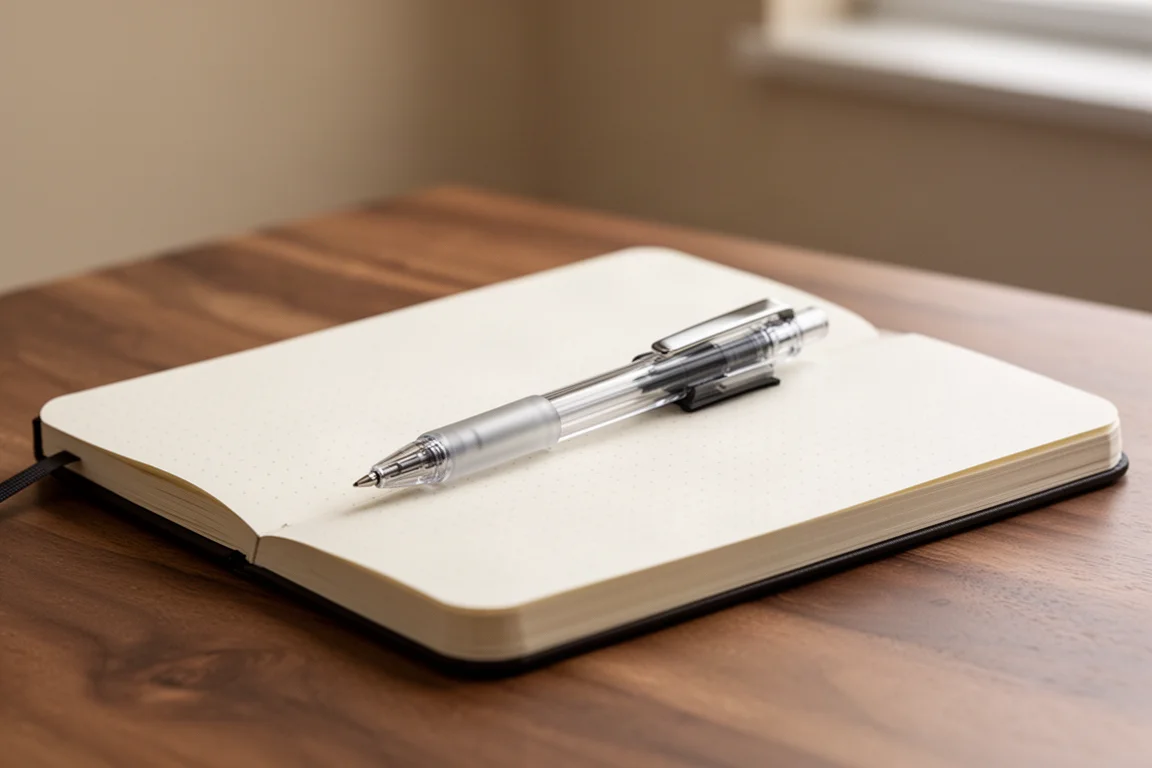 Una singola penna agganciata alla copertina di un quaderno a puntini su una scrivania in legno