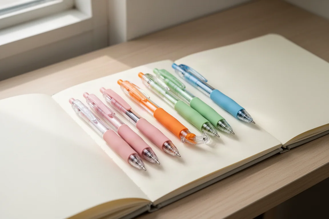 File di penne a gel pastello con corpi trasparenti e clip coordinati sul tavolo