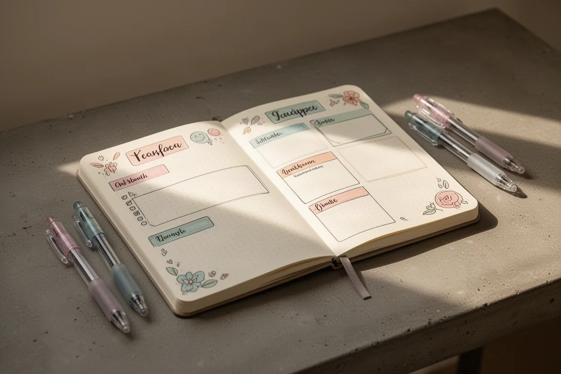 Bullet journal aperto con doodle a gel pastello e layout semplici