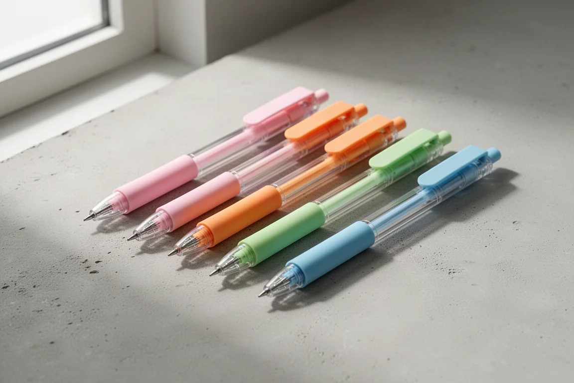 File di penne a gel pastello con corpi trasparenti e clip coordinati su cemento