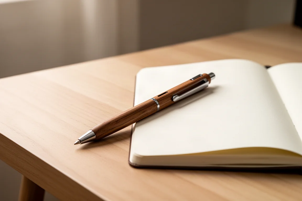 Stylo multifonction brun bois posé sur un bureau en bois à côté de carnets