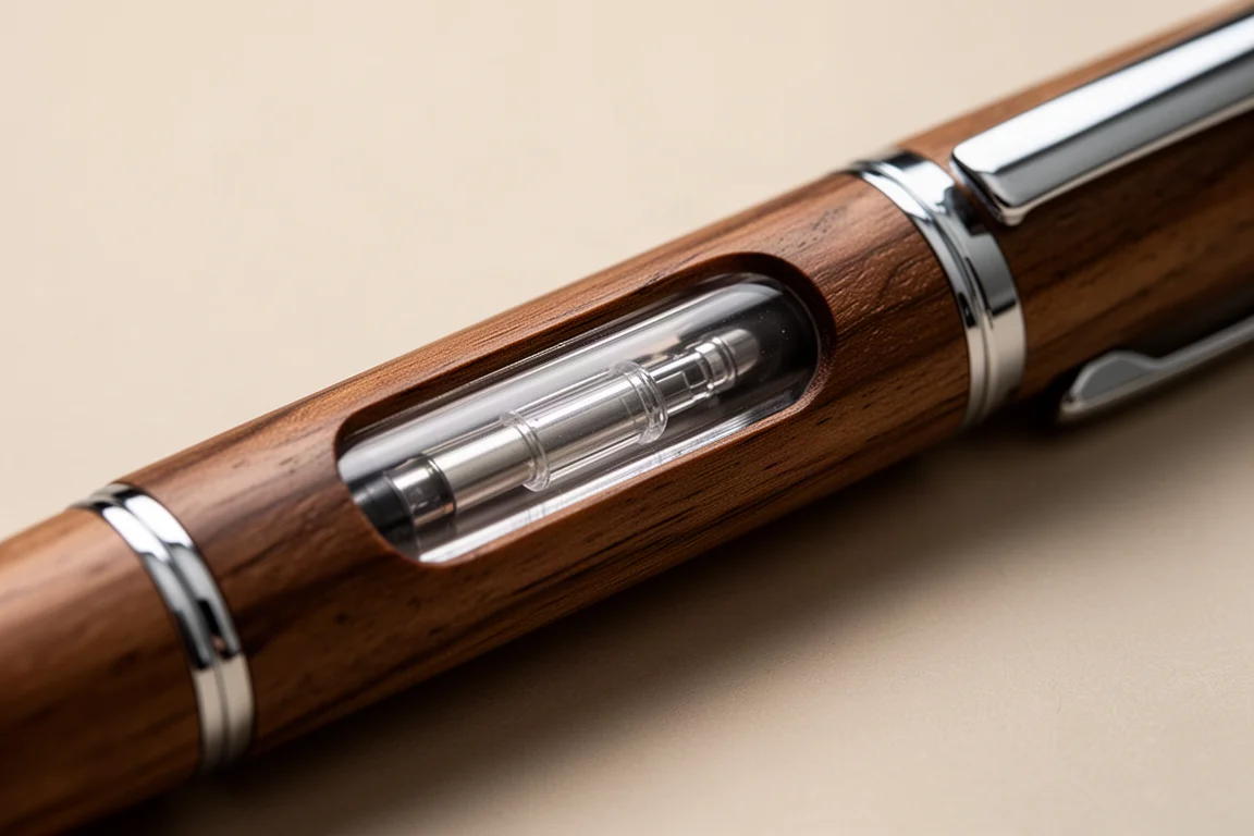 Gros plan sur la section transparente au milieu du corps du stylo