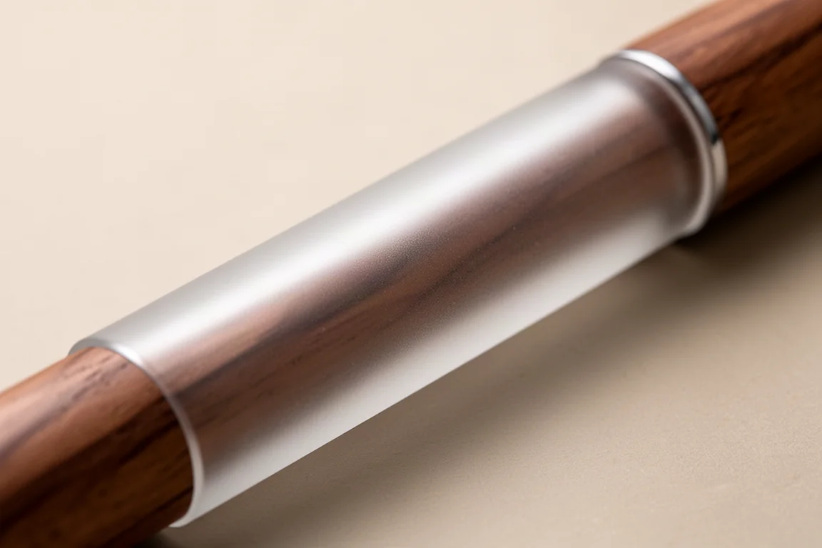 Finition du corps du stylo évoquant du verre dépoli sous une lumière douce