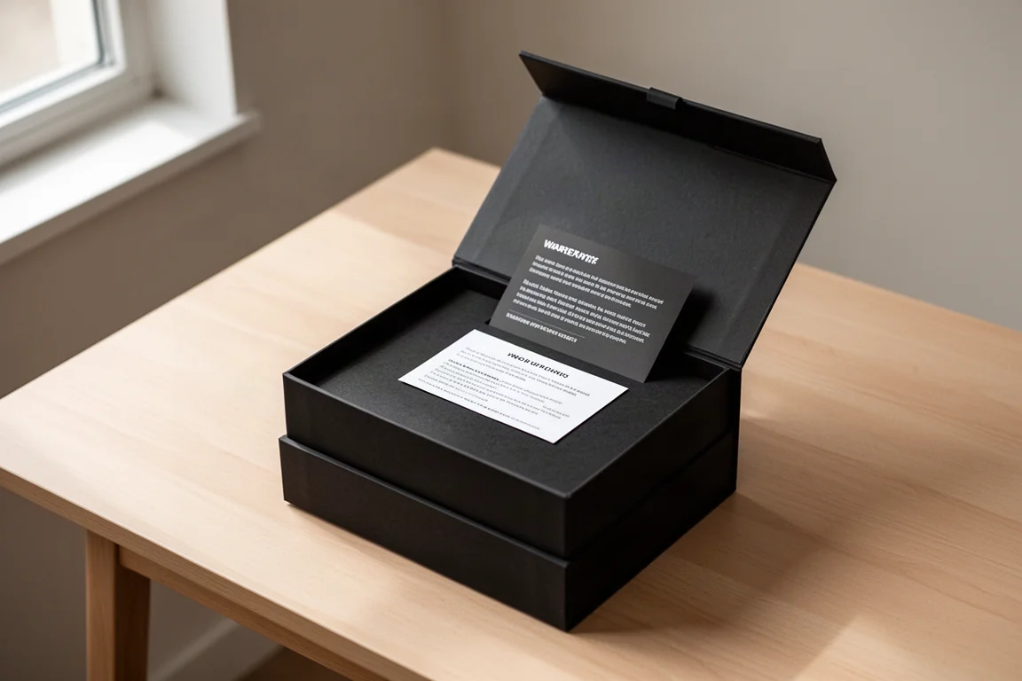 Black gift packaging box opened on a desk with a warranty card inside