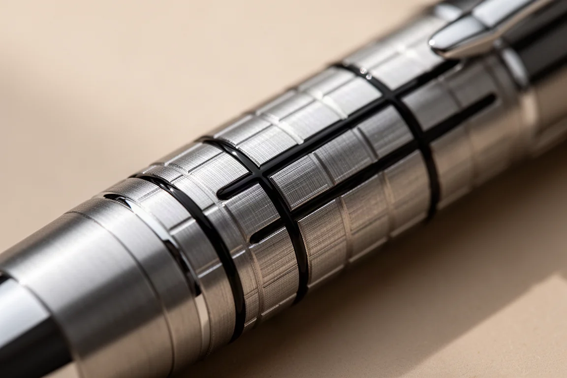 Close-up of engraved grid grooves on a black metal pen barrel