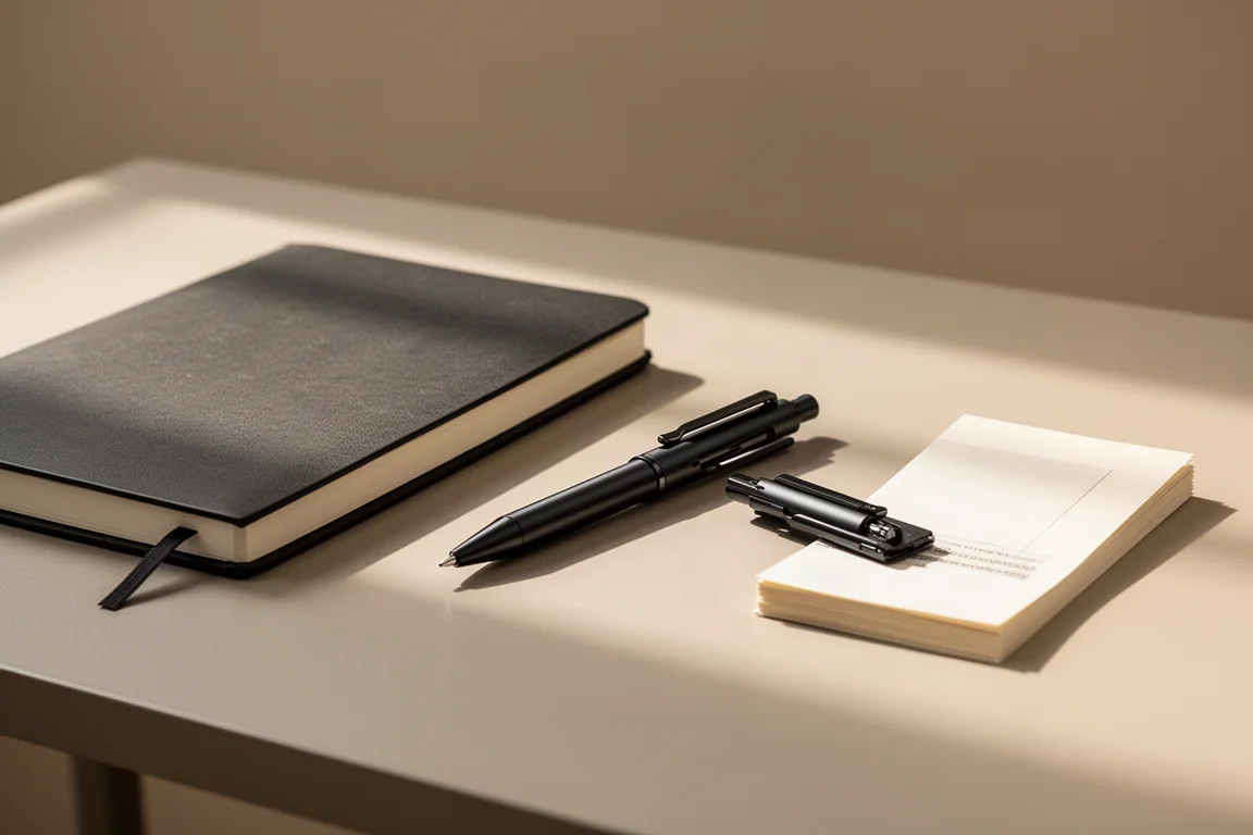 Multi-function pen placed on a tidy desk beside a notebook