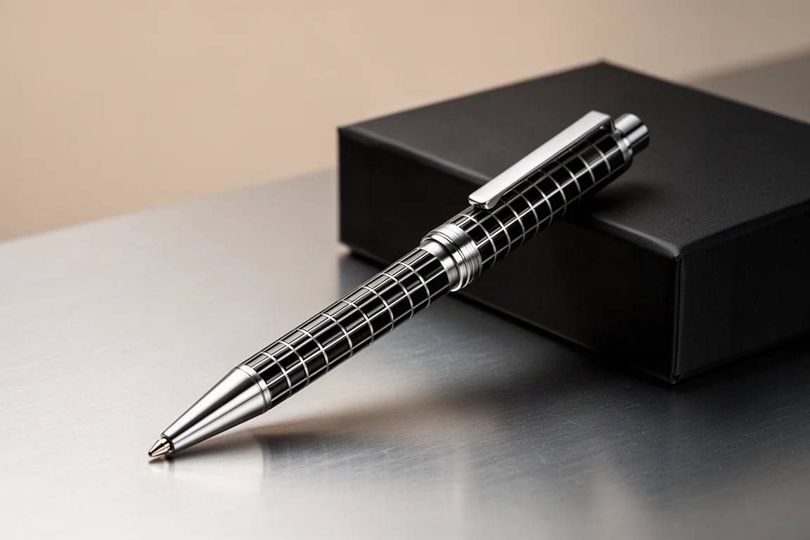 Black metal multi-function pen with engraved grid grooves beside a gift box