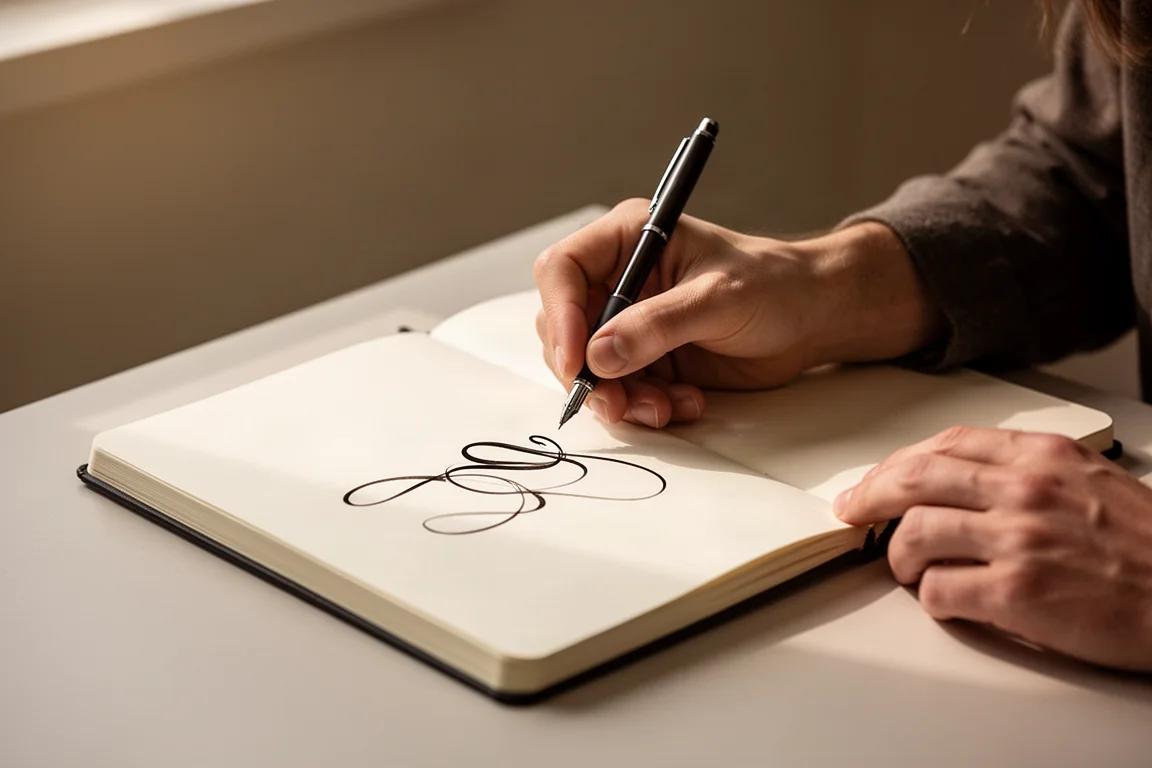 Hand schrijft in een notitieboek met soortgelijk vloeiende inkt