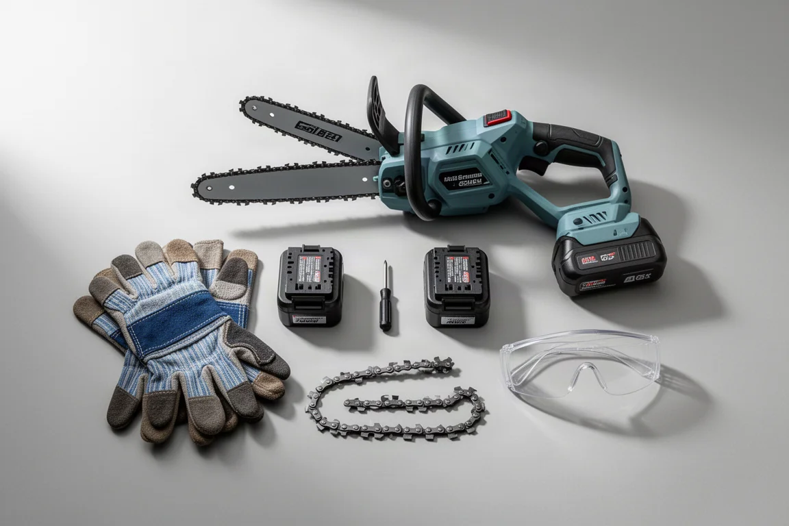 Ausgepacktes Mini-Kettensägen-Set mit zwei Akkus, Handschuhen, Schraubendreher und Ersatzkette auf einem Tisch