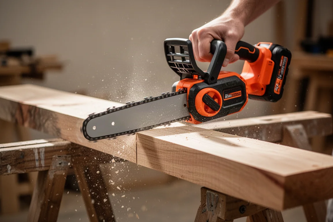 Mini-Kettensäge schneidet durch ein dickes Holzbrett, während Sägespäne davonfliegen
