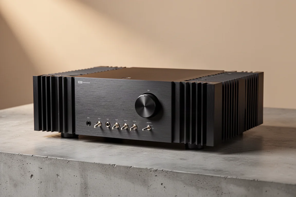 Low-profile aluminium integrated amplifier with heat sink fins on a matte concrete surface