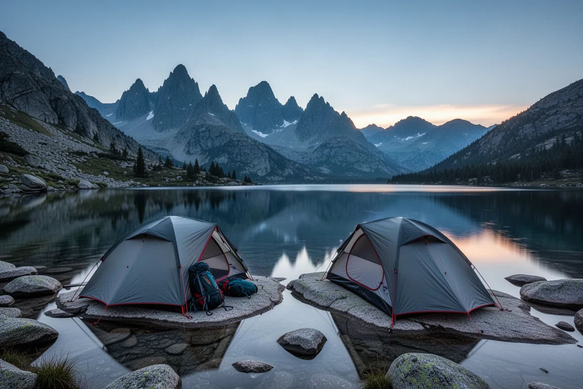 Backpacking tents pitched beside an alpine lake at dusk with peaks reflected