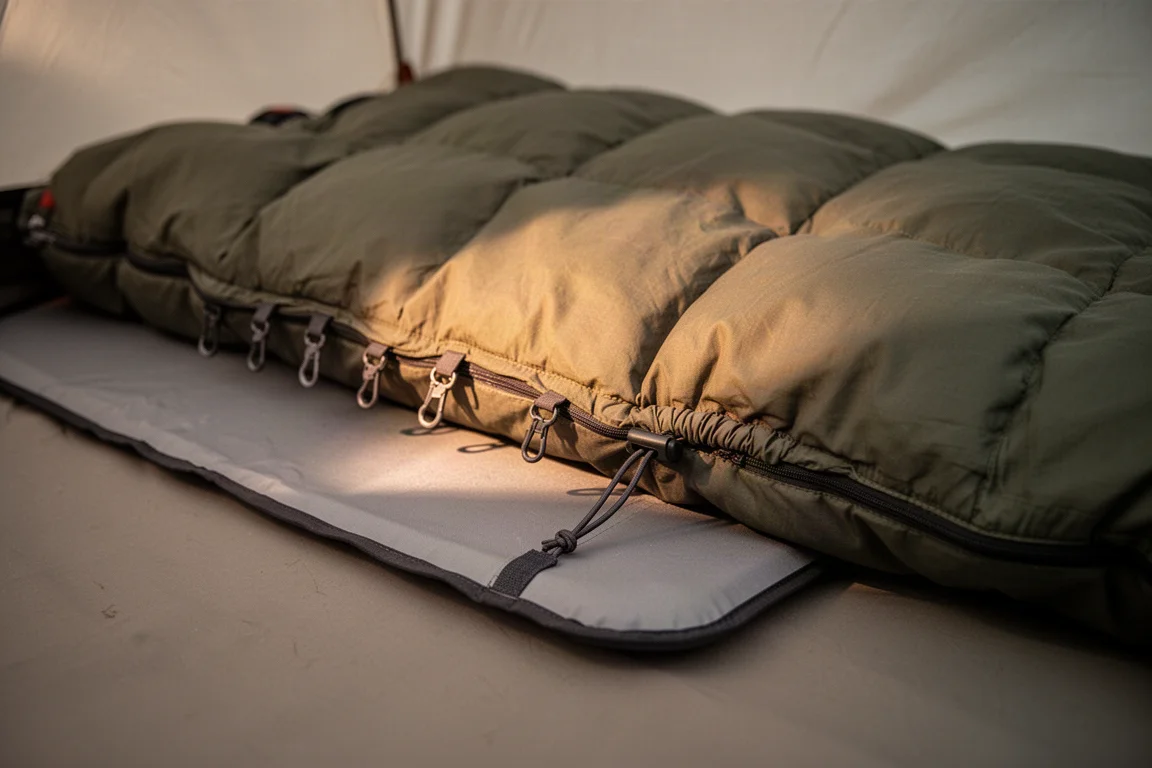 Close-up of quilt clasp hooks and foot box drawcord inside a tent